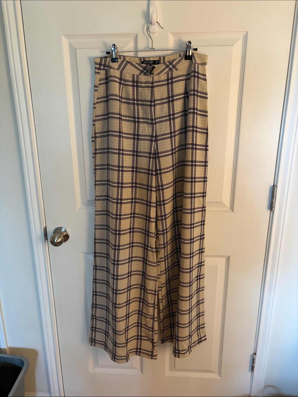Nasty Gal Beige Plaid Wide Leg Trousers with black Check